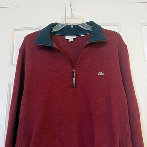 Lacoste Dark Red Quarter Zip Up Pullover Sweater with Black Collar & Logo. XL